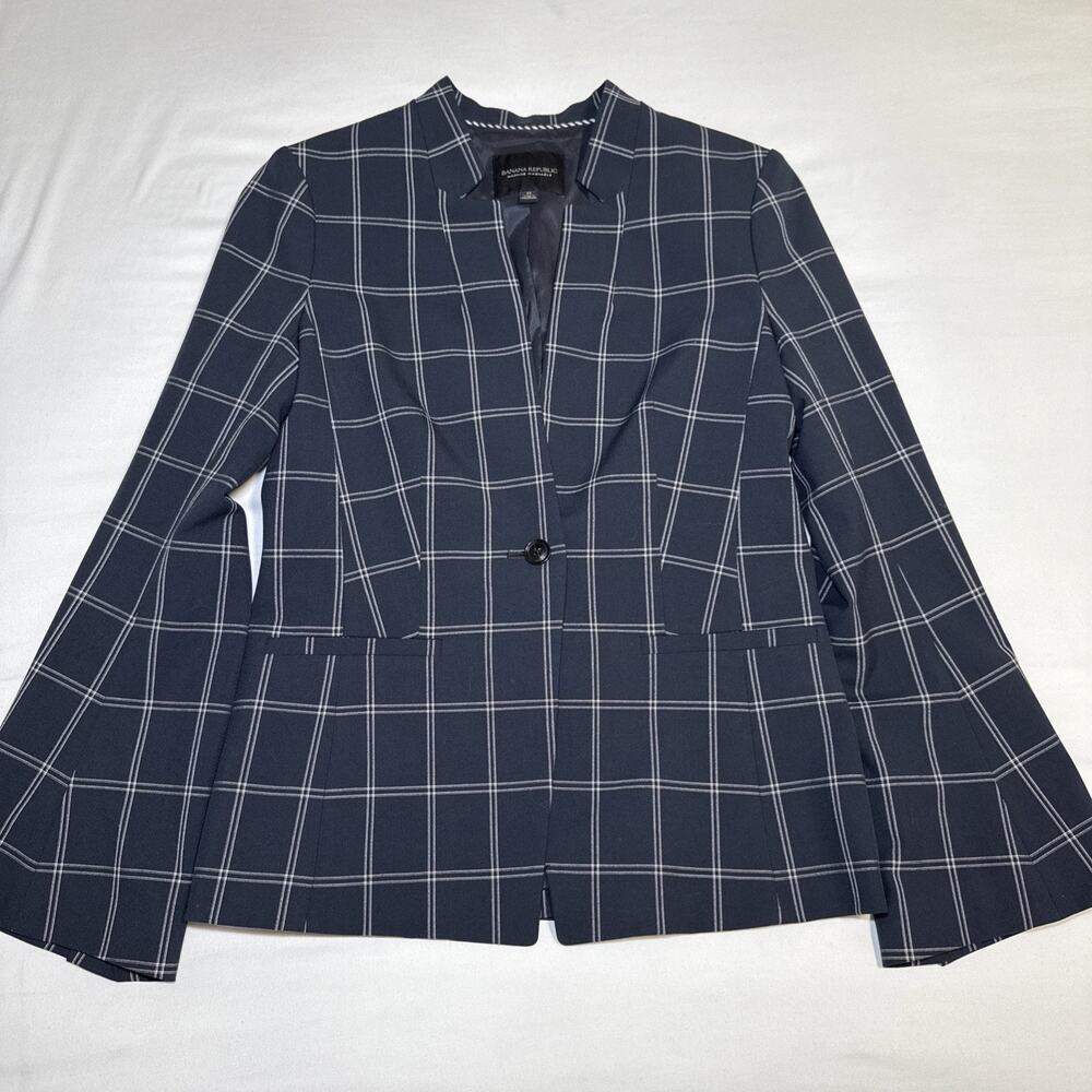 Banana Republic Blazer Womens 0 Navy Blue Washable Plaid Jacket Flare Sleeve EUC